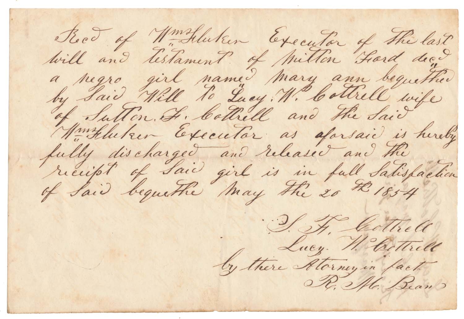 SLAVE INHERITANCE PAPER FROM 1854 — Horse Soldier