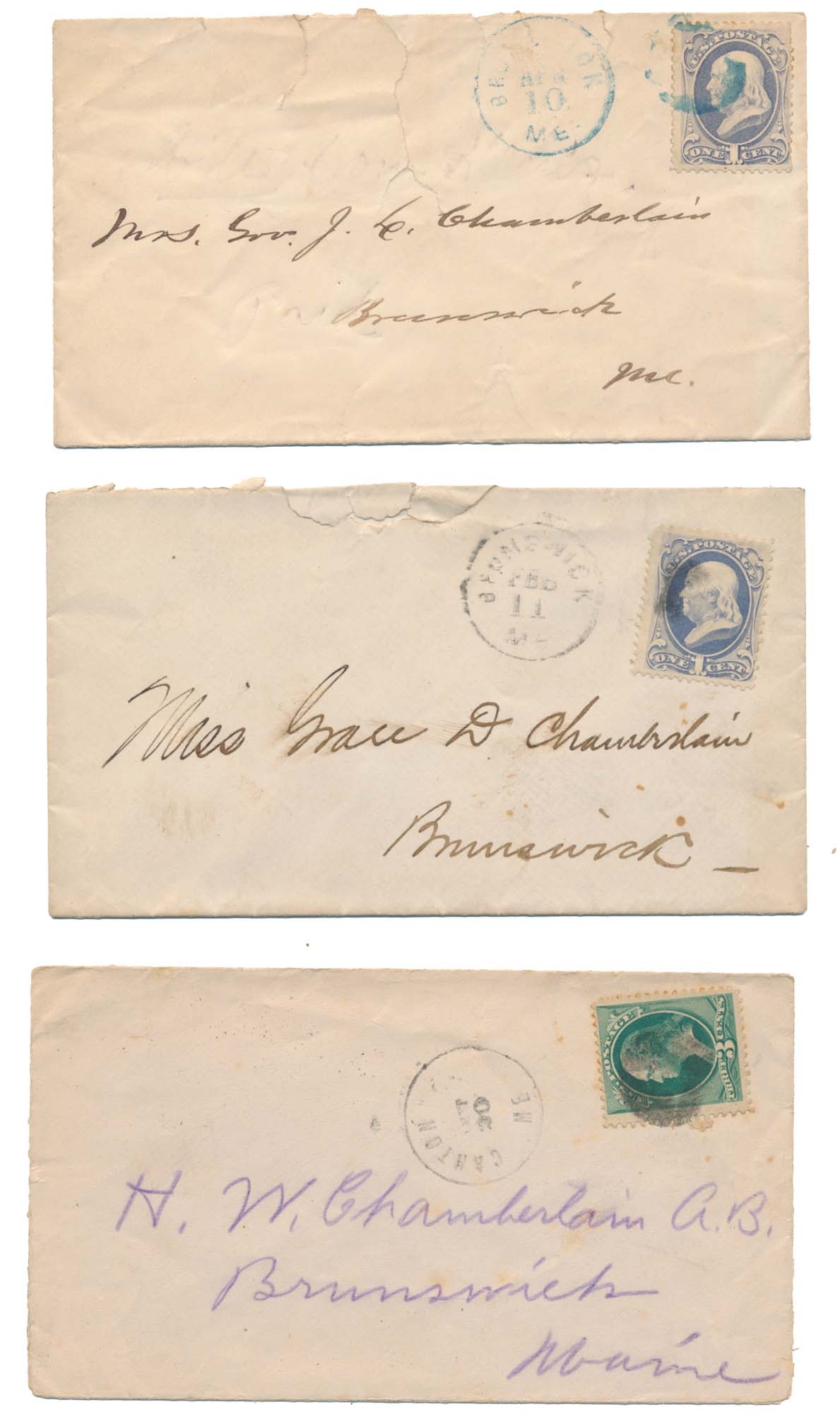 GROUP OF THREE POSTAL COVERS WRITTEN BY GEN. JOSHUA LAWRENCE CHAMBERLAIN