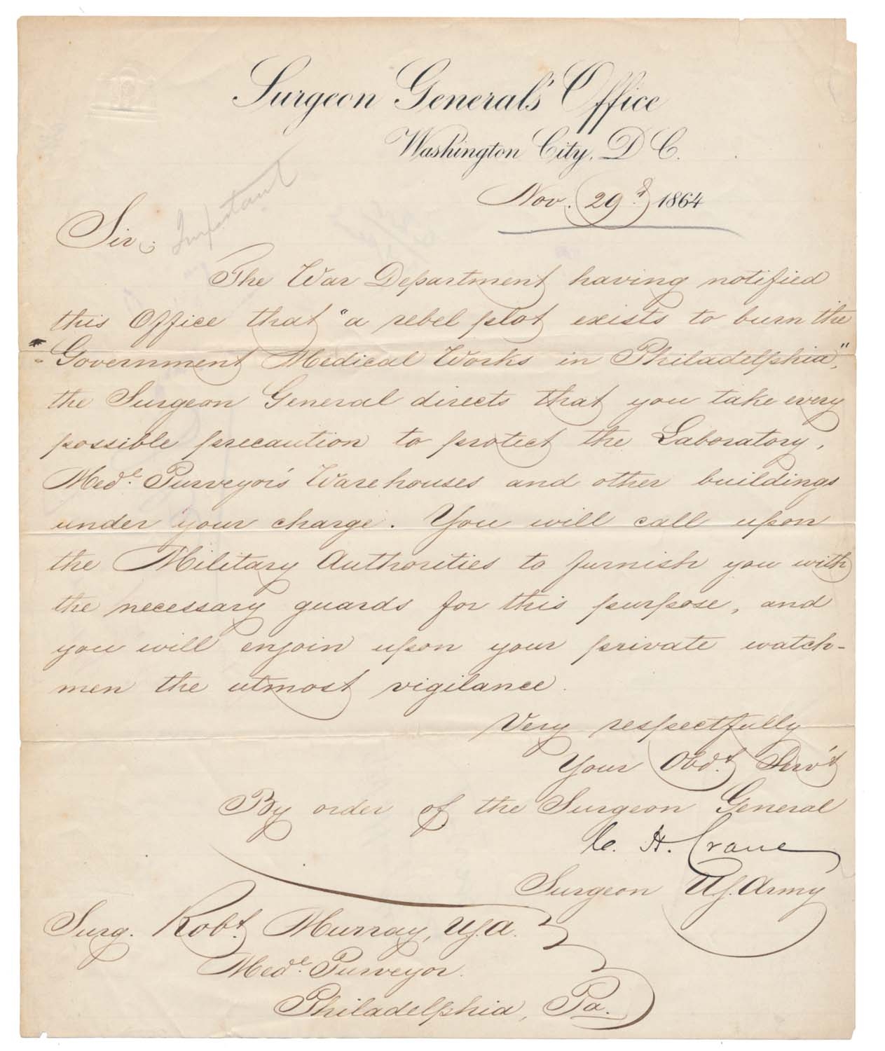 ALS ASSISTANT US SURGEON GENERAL DR. C. H. CRANE (ONE OF LINCOLN’S DEATH-BED DOCTORS)