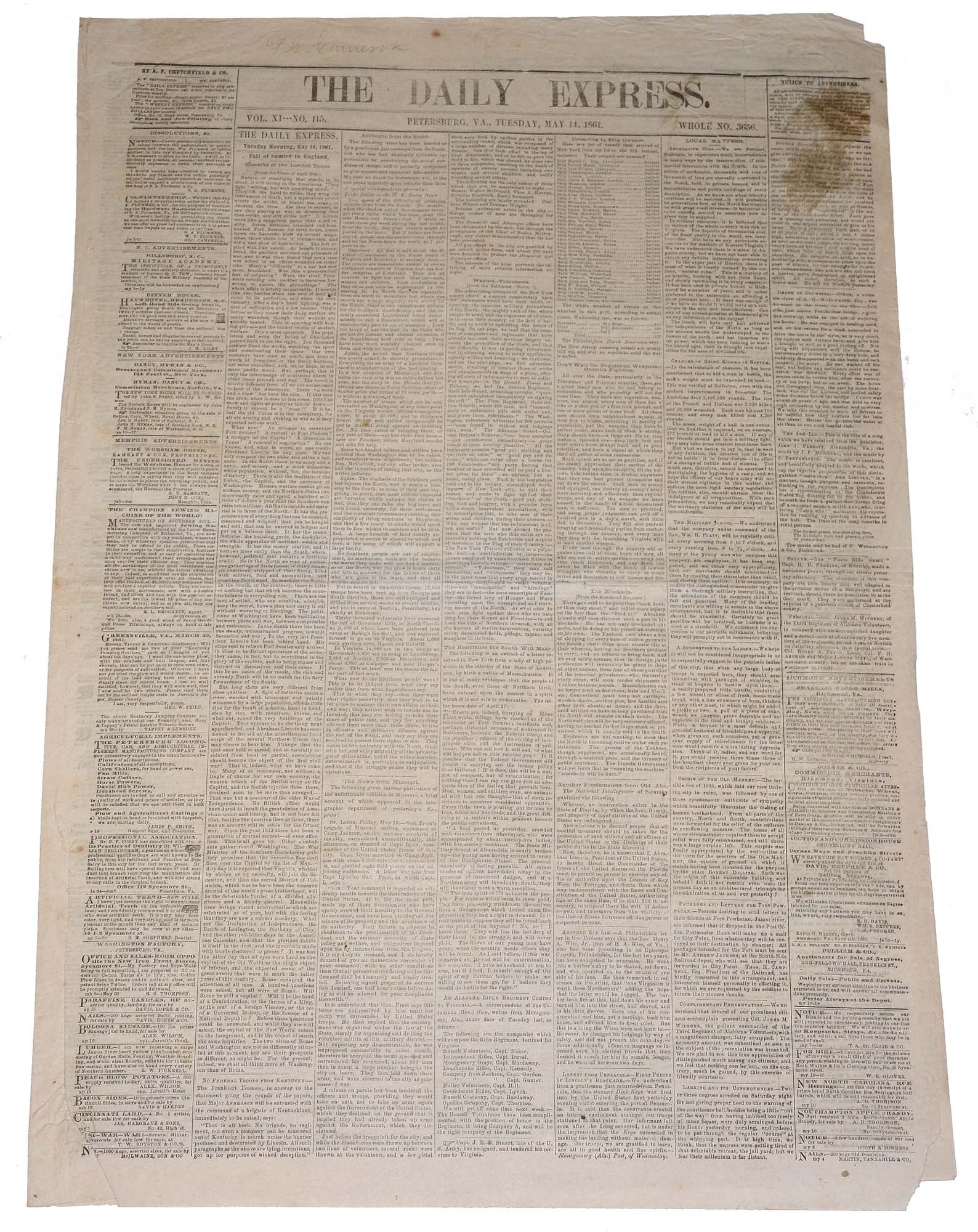 THE DAILY EXPRESS, PETERSBURG, VA - MAY 11, 1861