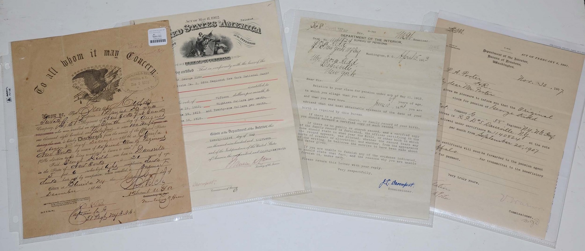 DISCHARGE AND POST-WAR PENSION DOCUMENTS FOR PVT. GEORGE KIDD, 58TH NEW YORK NATIONAL GUARD