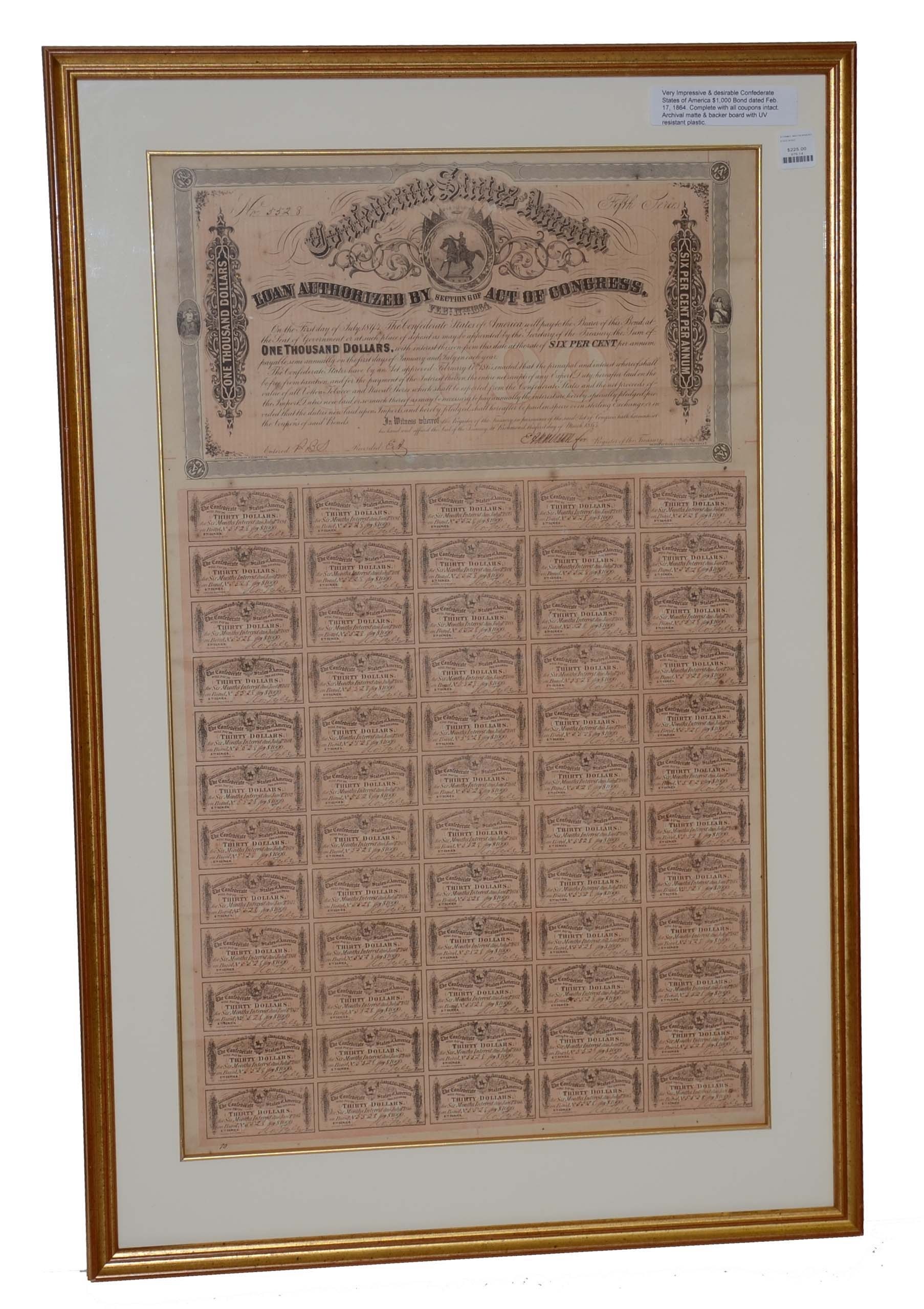 ARCHIVALLY FRAMED CONFEDERATE $1000 BOND OF FEBRUARY 17, 1864, WITH ALL COUPONS INTACT