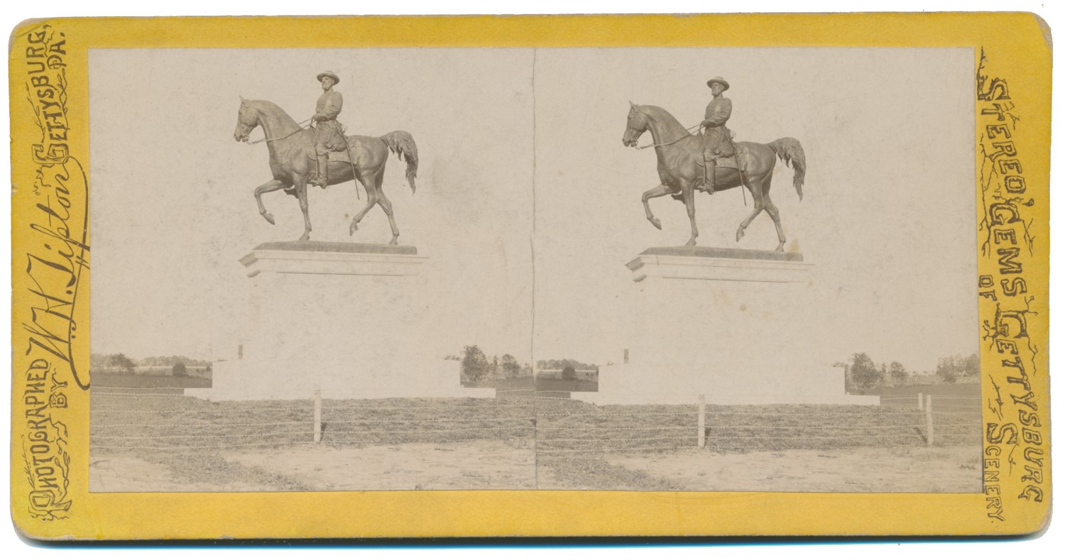 STEREO CARD OF GENERAL REYNOLDS EQUESTRIAN MONUMENT AT GETTYSBURG