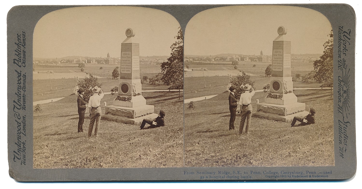 STEREO CARD OF 104th NY MONUMENT & VIEW FROM OAK RIDGE TOWARD COLLEGE