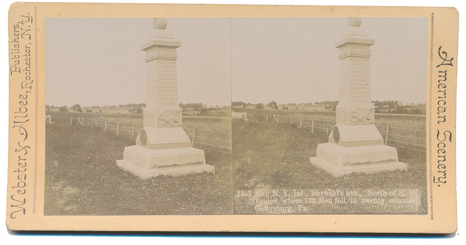 STEREO CARD OF 76TH NEW YORK INFANTRY MONUMENT AT GETTYSBURG