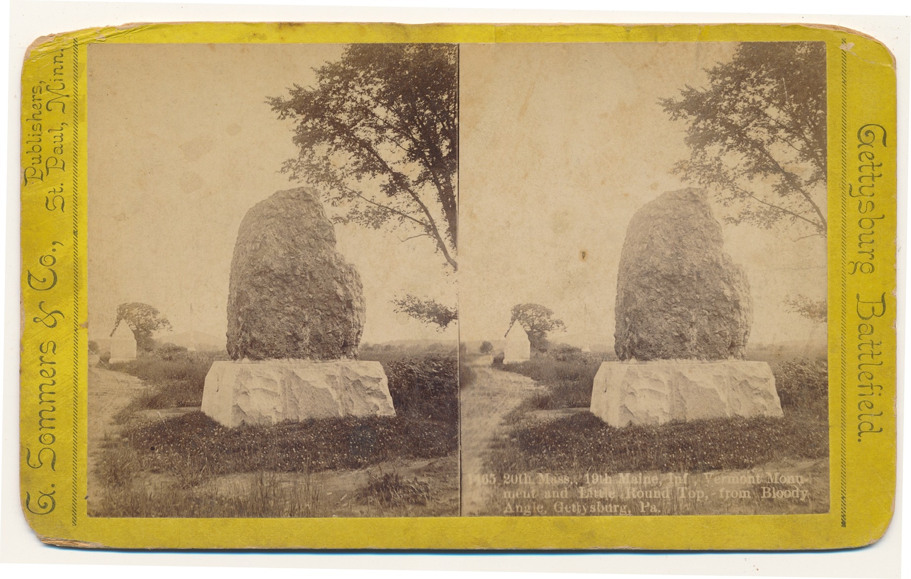 STEREO CARD OF 20TH MASSACHUSETTS MONUMENT AT GETTYSBURG