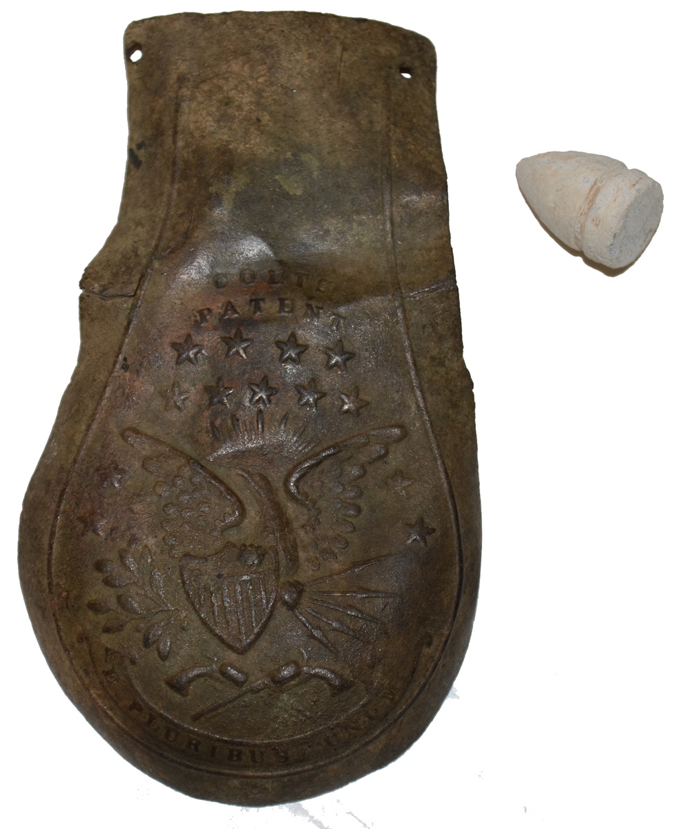 RELIC EAGLE POWDER FLASK & PISTOL BULLET RECOVERED FROM GETTYSBURG