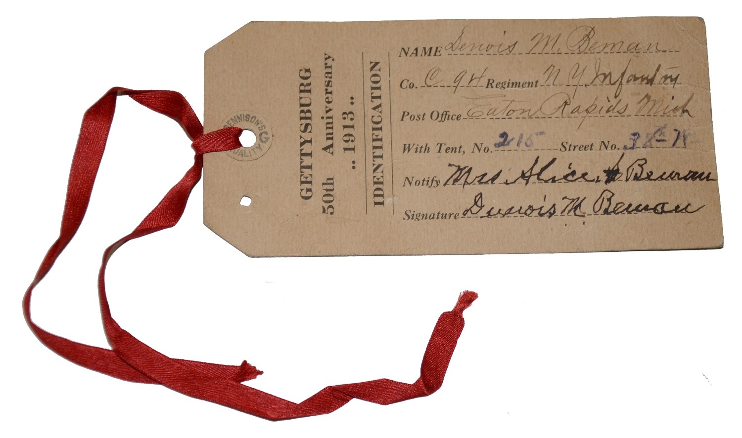 GETTYSBURG 50TH ANNIVERSARY VETERAN TAG ID’D & SIGNED BY DUNOIS BEMAN, 94TH NEW YORK INFANTRY