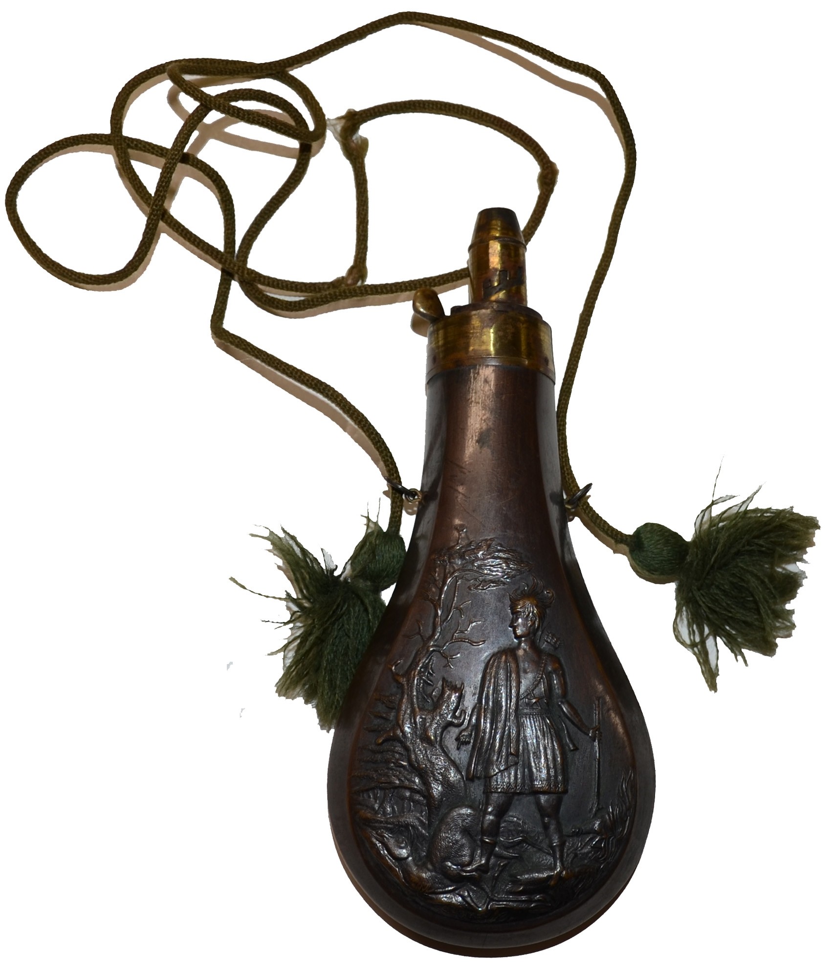 BATTY FLASK WITH INDIAN HUNTER AND ORIGINAL CORD