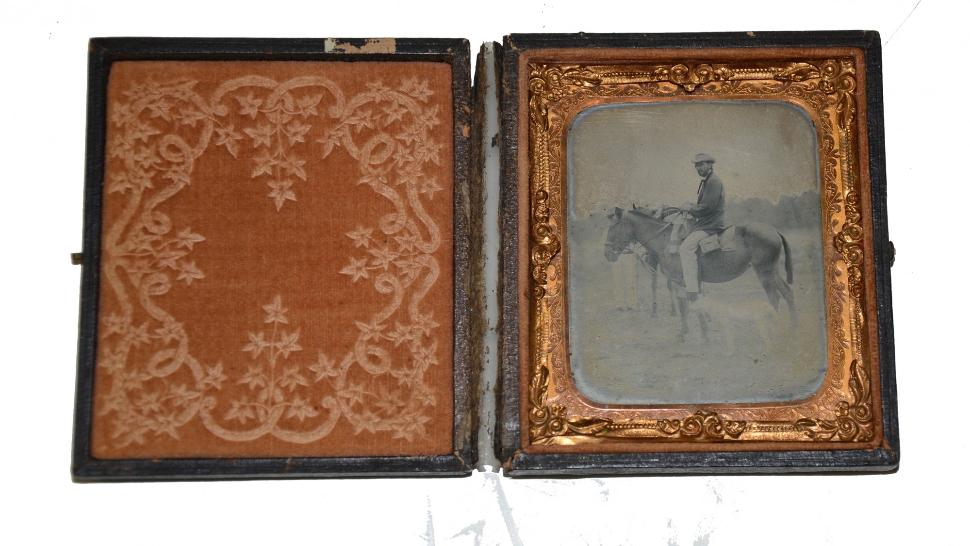 SIXTH PLATE TINTYPE OF MAN ON HORSE WITH DOG