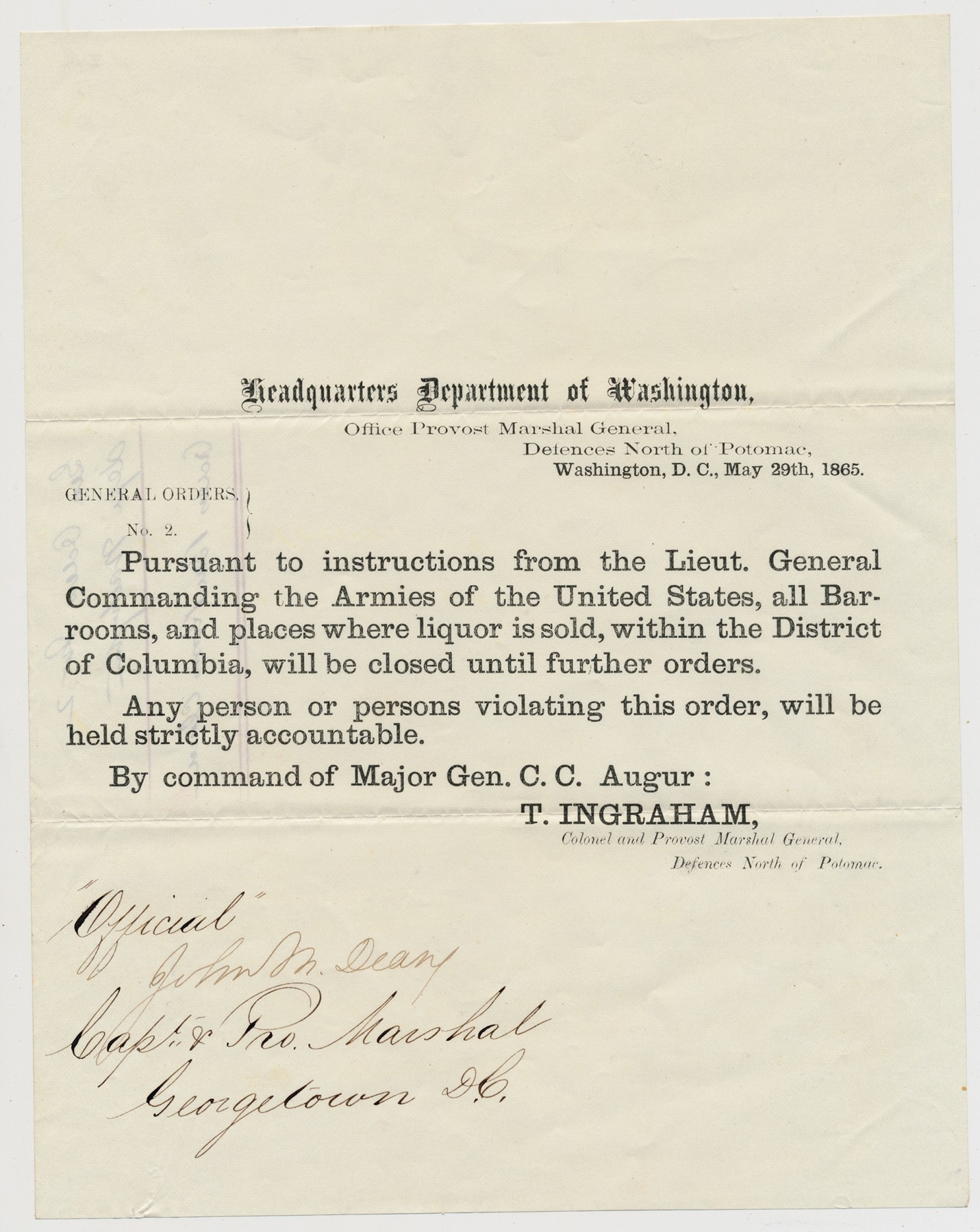 BROADSIDE – GENERAL ORDER NO. 2, SALE OF ‘INTOXICATING LIQUORS’