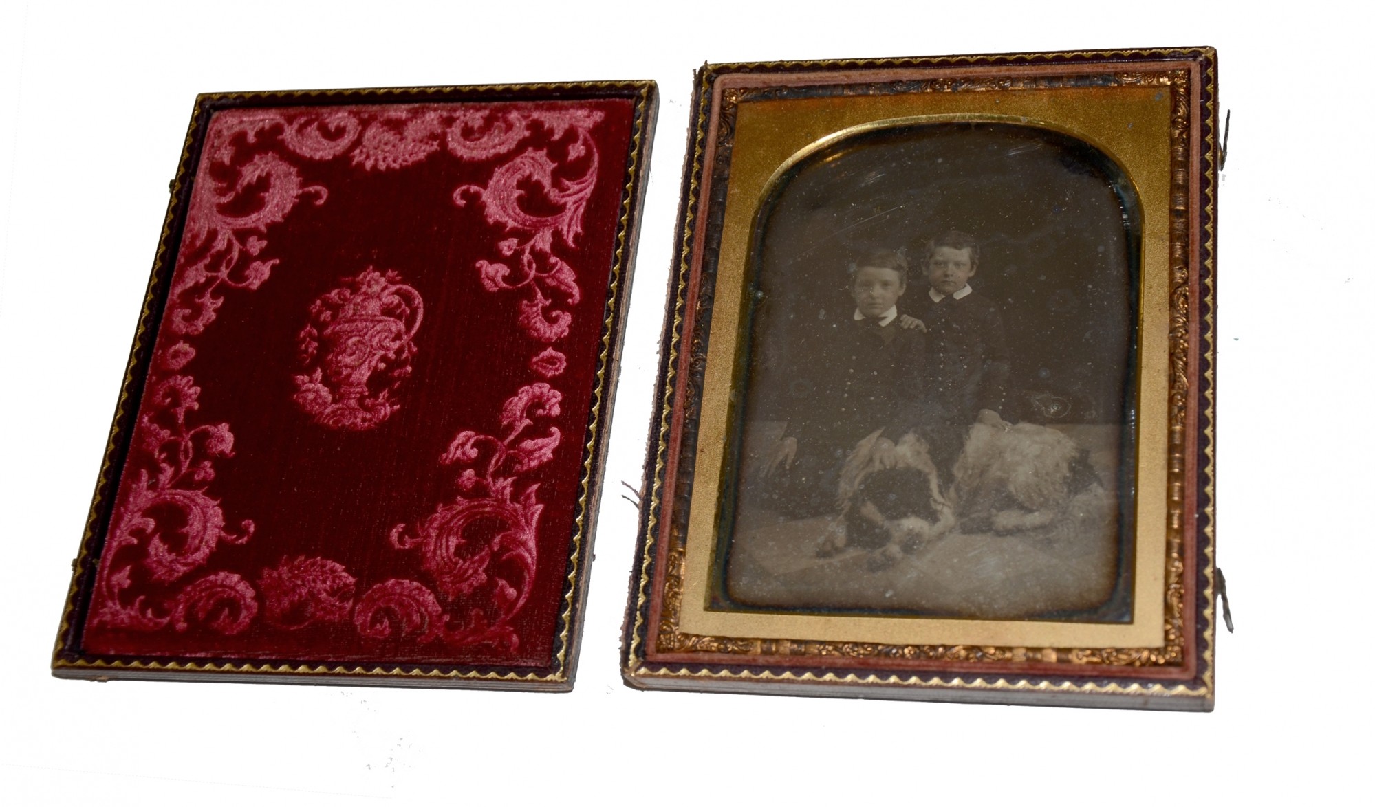 HALF PLATE DAGUERREOTYPE OF TWO BOYS WITH A LARGE DOG