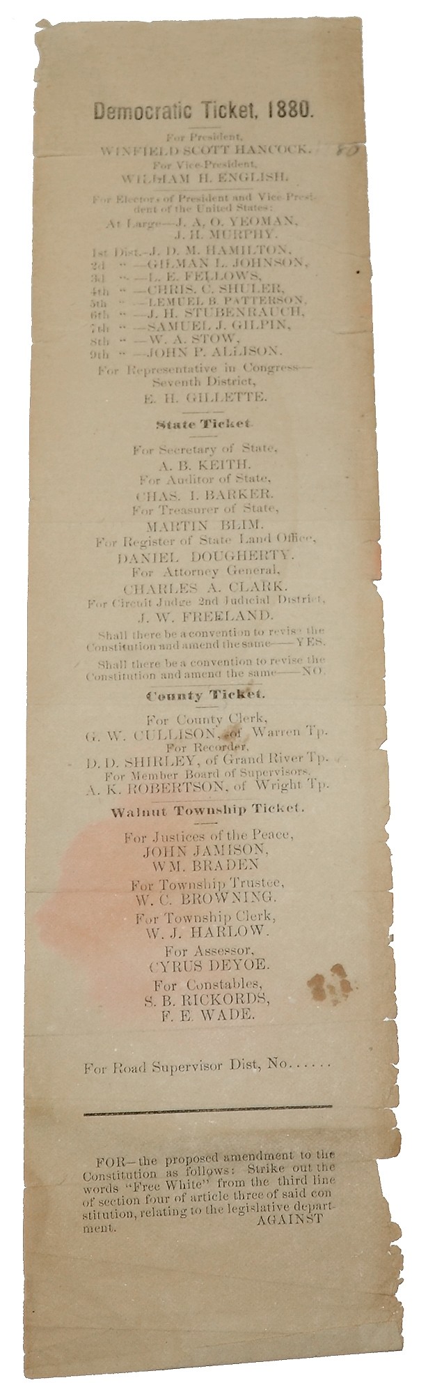 1880 DEMOCRATIC TICKET FLYER, WAYNE COUNTY IOWA