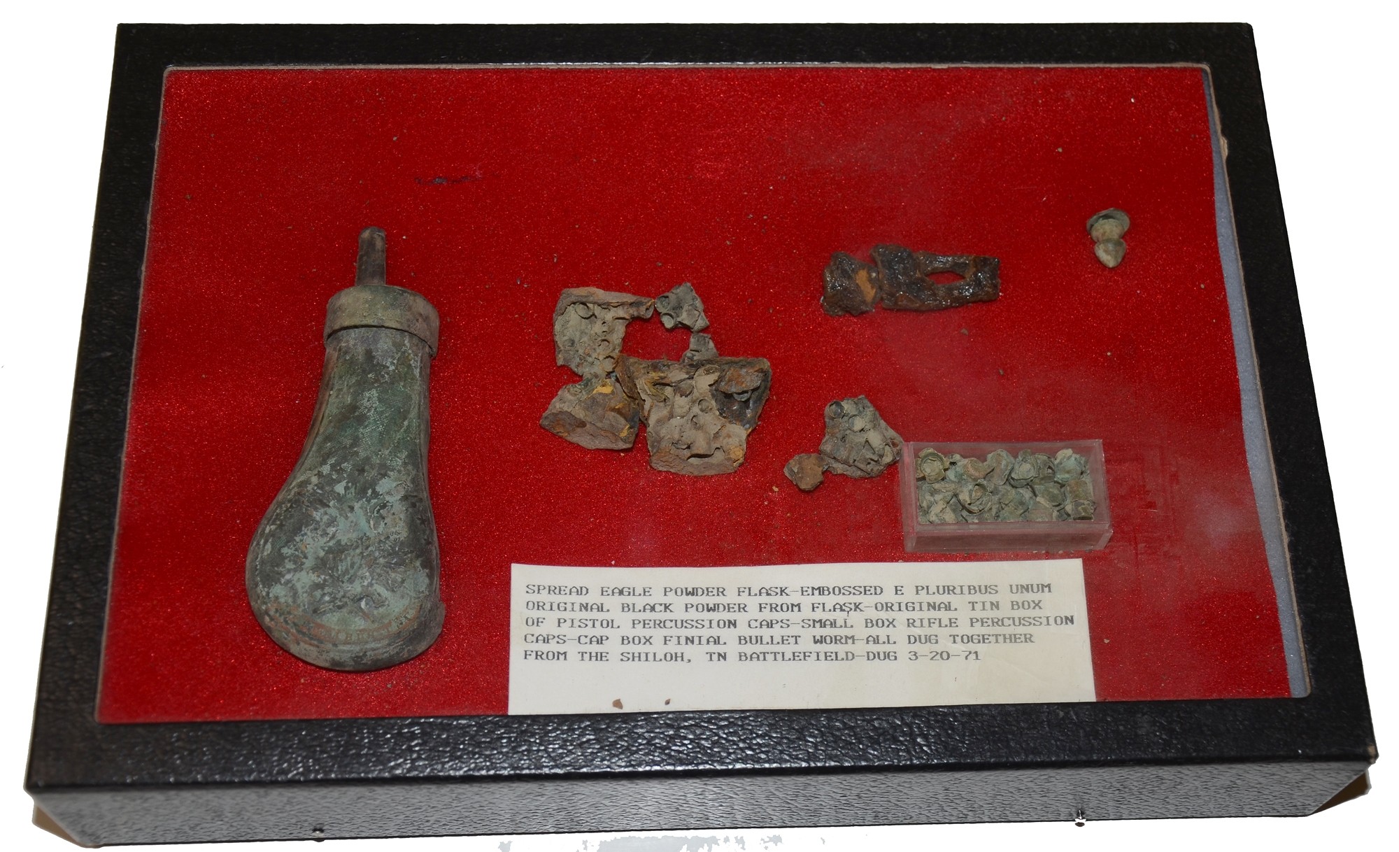 SHILOH RELICS – POWDER FLASK & PERCUSSION CAPS