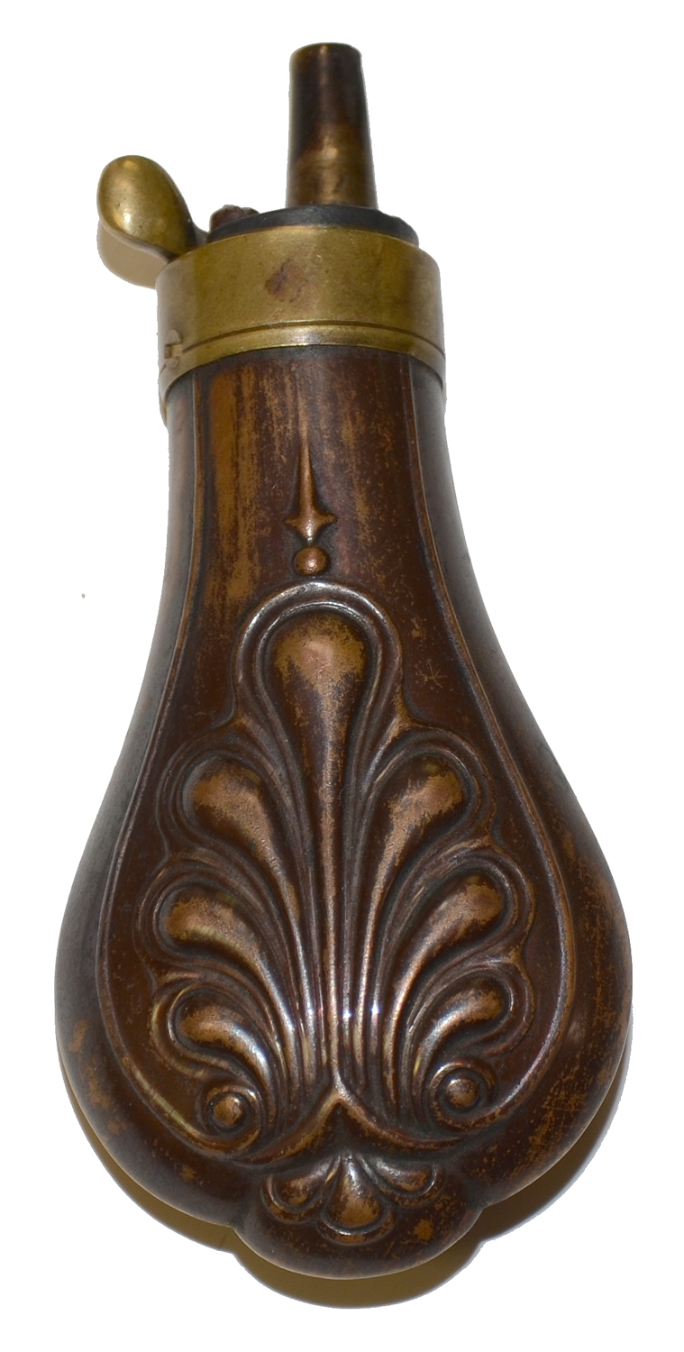 PISTOL POWDER FLASK WITH FLORAL DECORATION