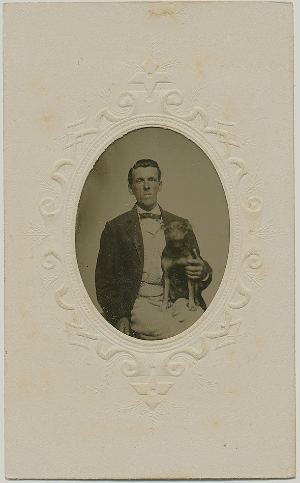 CDV 1/16 PLATE TINTYPE IN A CDV MOUNT – MAN WITH A DOG