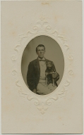 CDV 1/16 PLATE TINTYPE IN A CDV MOUNT – MAN WITH A DOG