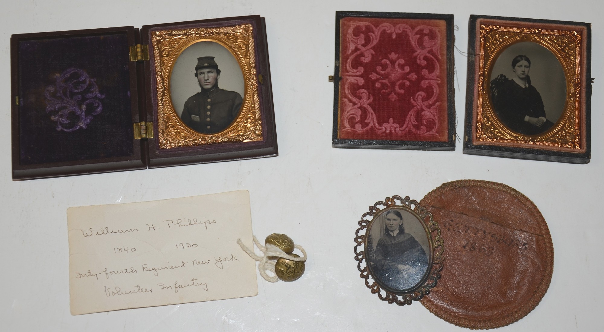 1/9 PLATE TINTYPE IN FULL “UNION” CASE - PRIVATE WILLIAM H. PHILLIPS, CO. “B”, 44TH NEW YORK INFANTRY [GETTYSBURG REGIMENT]