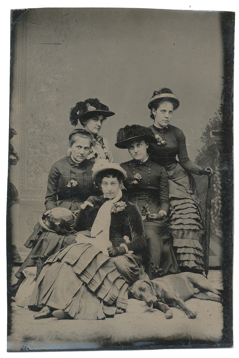 TINTYPE – GROUP OF LADIES WITH A DOG