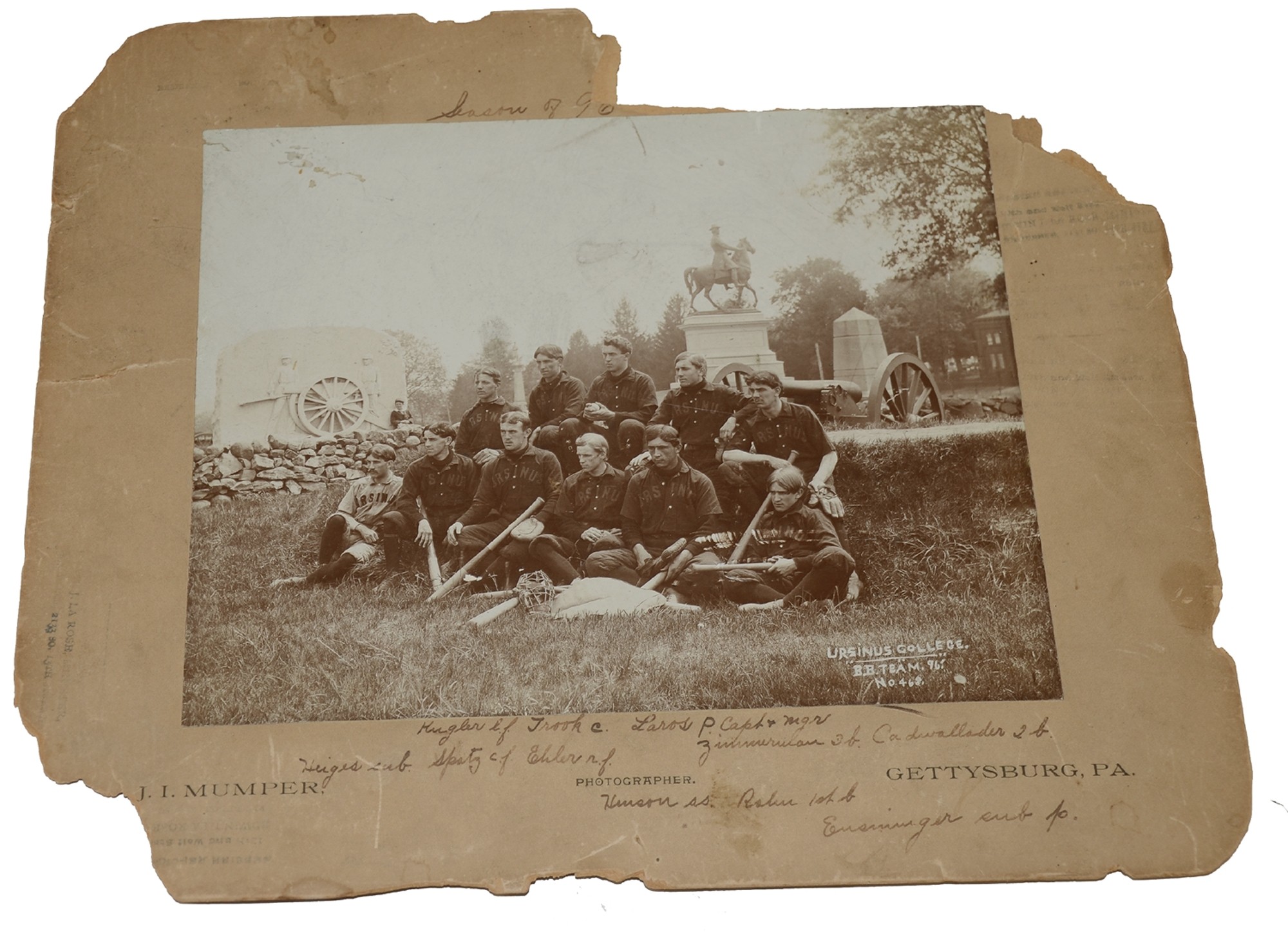 URSINUS COLLEGE BASEBALL TEAM ON THE GETTYSBURG BATTLEFIELD 1896