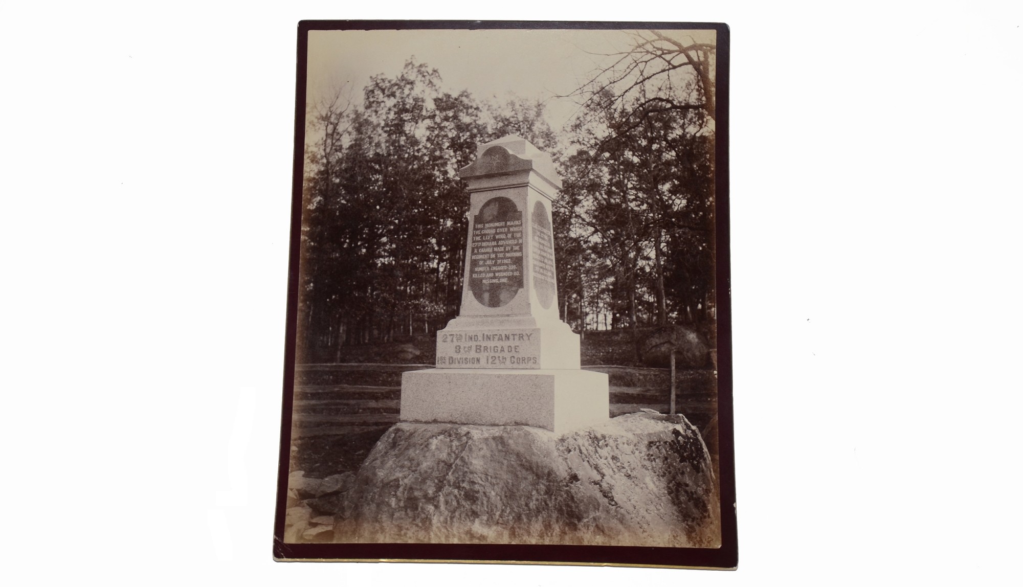 LARGE ALBUMEN PHOTO OF MONUMENT AT GETTYSBURG TO THE 27TH INDIANIA VOLUNTEER INFANTRY