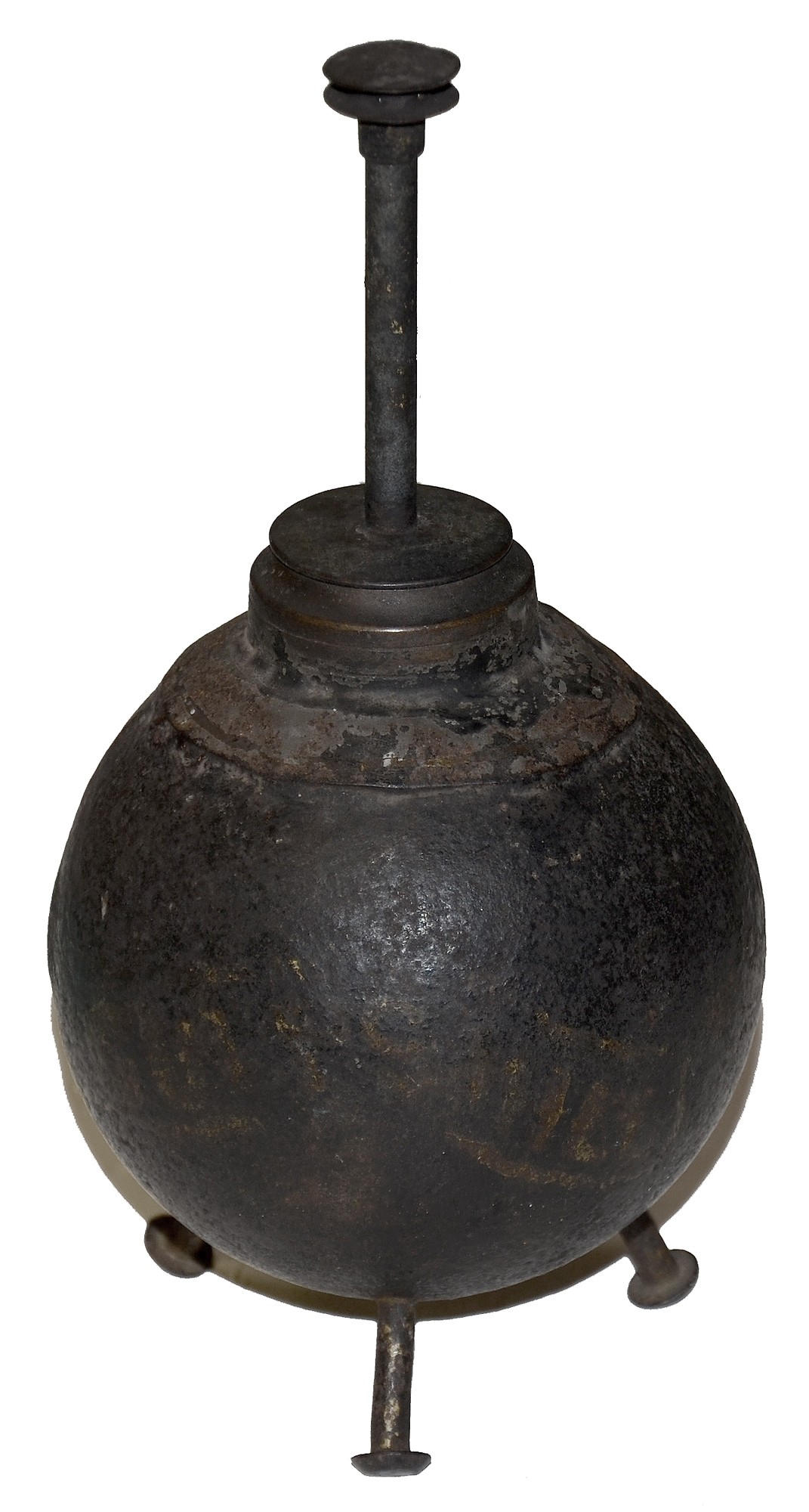 CS 3.67 INCH 6 LB. SPHERICAL SHELL RECOVERED ON CULPS HILL AND CONVERTED INTO AN OIL LAMP, FROM THE DANNER MUSEUM COLLECTION