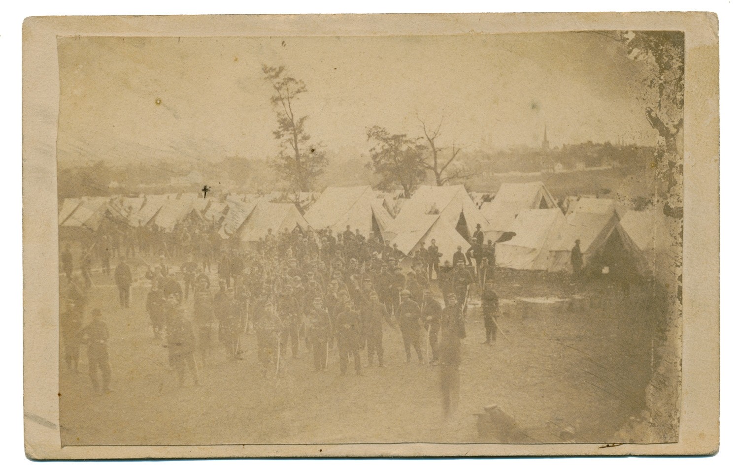OUTDOOR CDV OF THE CAMP OF THE ANDERSON TROOP OF PENNSYLVANIA CAVALRY AT CARLISLE PA - IMAGE IS FROM THE COLLECTION OF A MEDAL OF HONOR WINNER