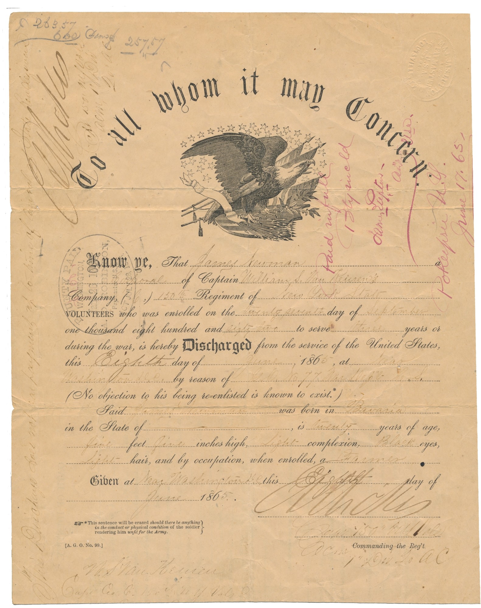 CIVIL WAR “EAGLE” DISCHARGE - CORPORAL JAMES NEWMAN, CO. “C”, 150TH NEW YORK INFANTRY [GETTYSBURG REGIMENT]