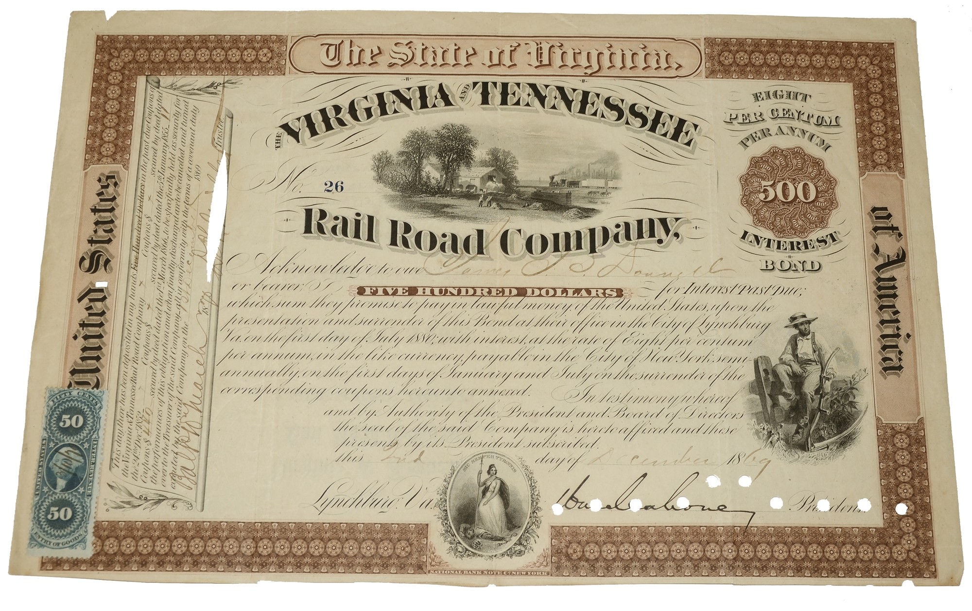 $500 VIRGINIA AND TENNESSEE RAIL ROAD COMPANY BOND SIGNED BY CS MAJ. GEN. WILLIAM MAHONE