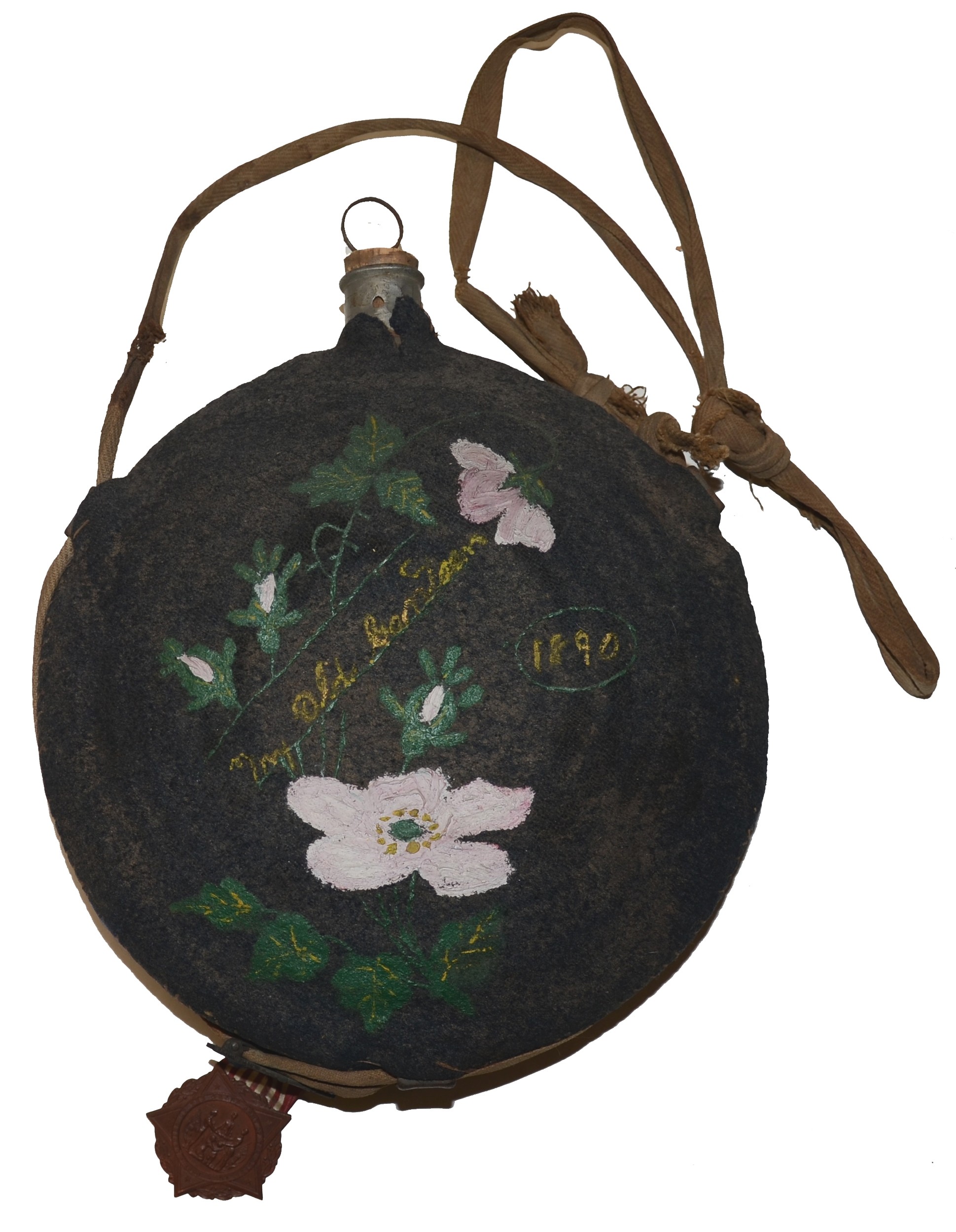 “MY OLD CANTEEN” CANTEEN OF G. W. MOWERS, 21st PA CAV. & 87th PA INF., PAINT-DECORATED IN 1890, ON HIS 1865 LIST OF GEAR, WITH DISCHARGE & REUNION PAMPHLET