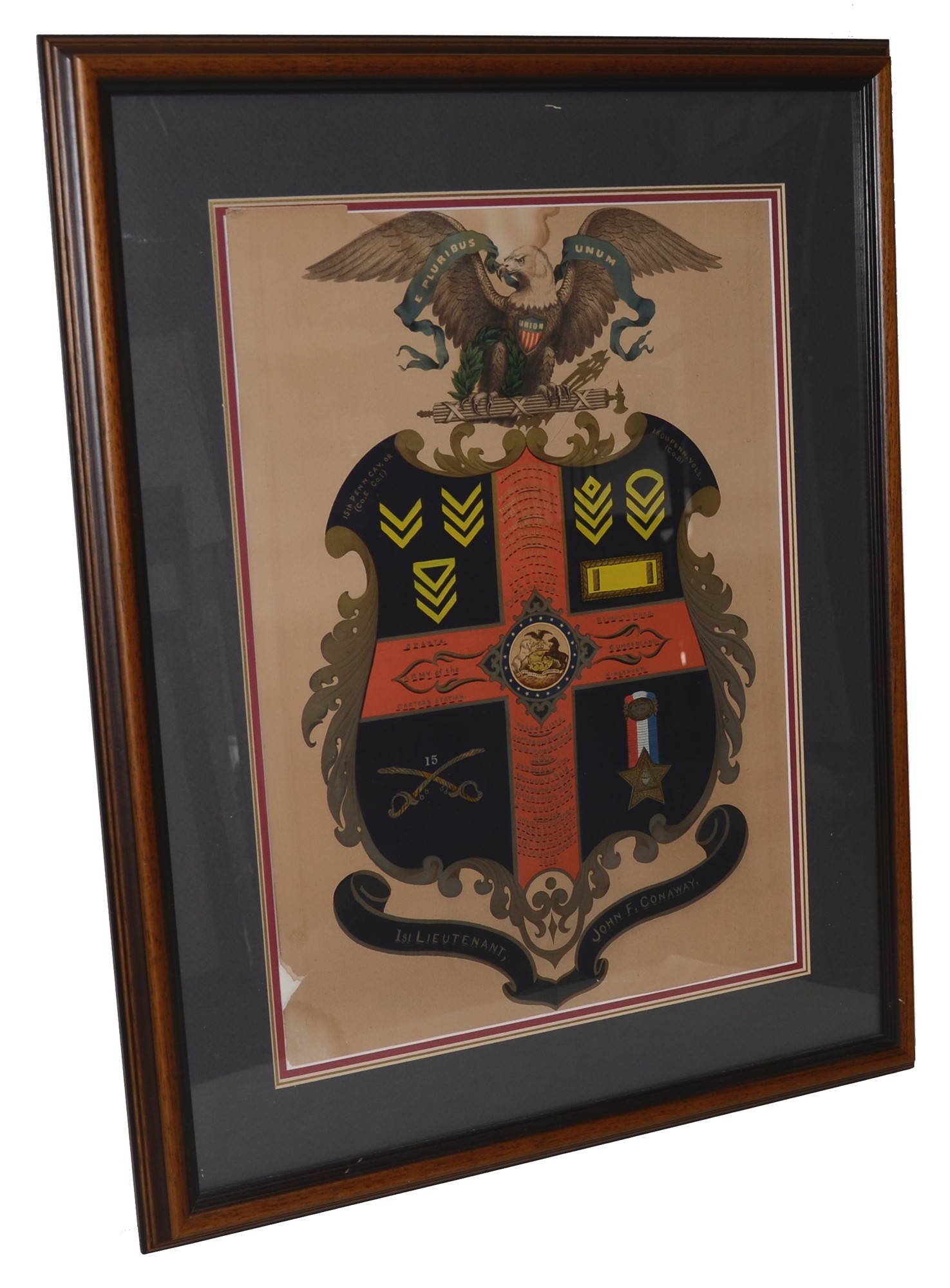 FRAMED ESCUTCHEON FOR OFFICER IN THE 15TH PENNSYLVANIA CAVALRY