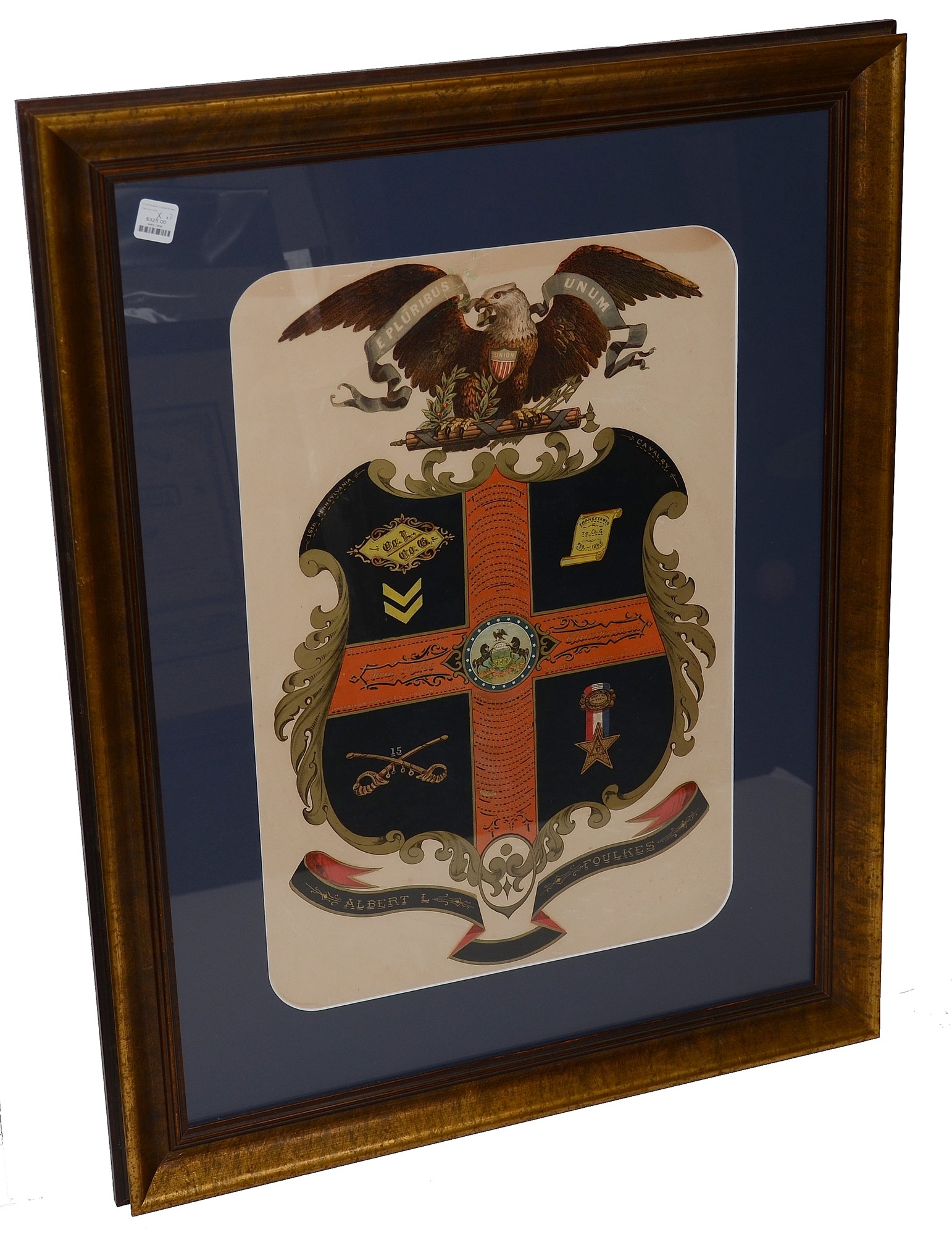 FRAMED ESCUTCHEON FOR SOLDIER IN THE 15TH PENNSYLVANIA CAVALRY