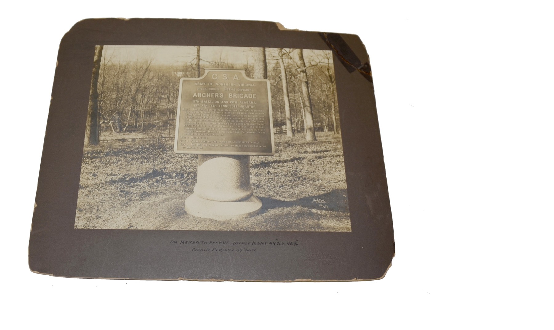LARGE TIPTON PHOTOGRAPH OF ARCHER’S BRIGADE MARKER ON GETTYSBURG BATTLEFIELD