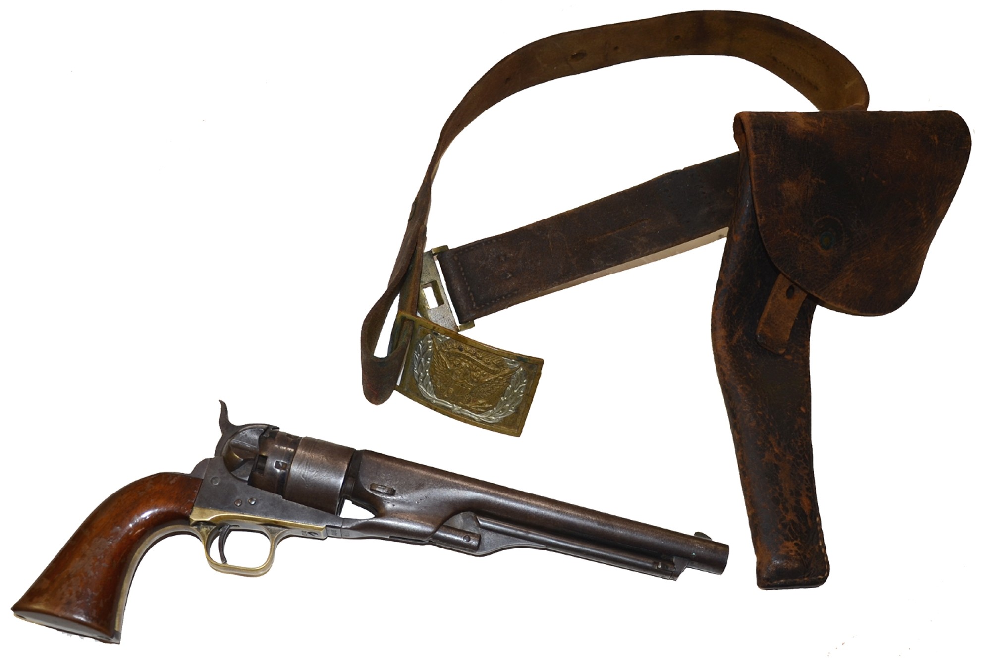 GEORGE W. MOWERS, 21st PA CAVALRY, IDENTIFIED GROUPING: 1860 COLT ARMY WITH BELT, HOLSTER, STENCIL, DISCHARGE, REUNION RIBBON, PHOTOGRAPHS AND PA ADJUTANT GENERAL’S CERTIFICATE 