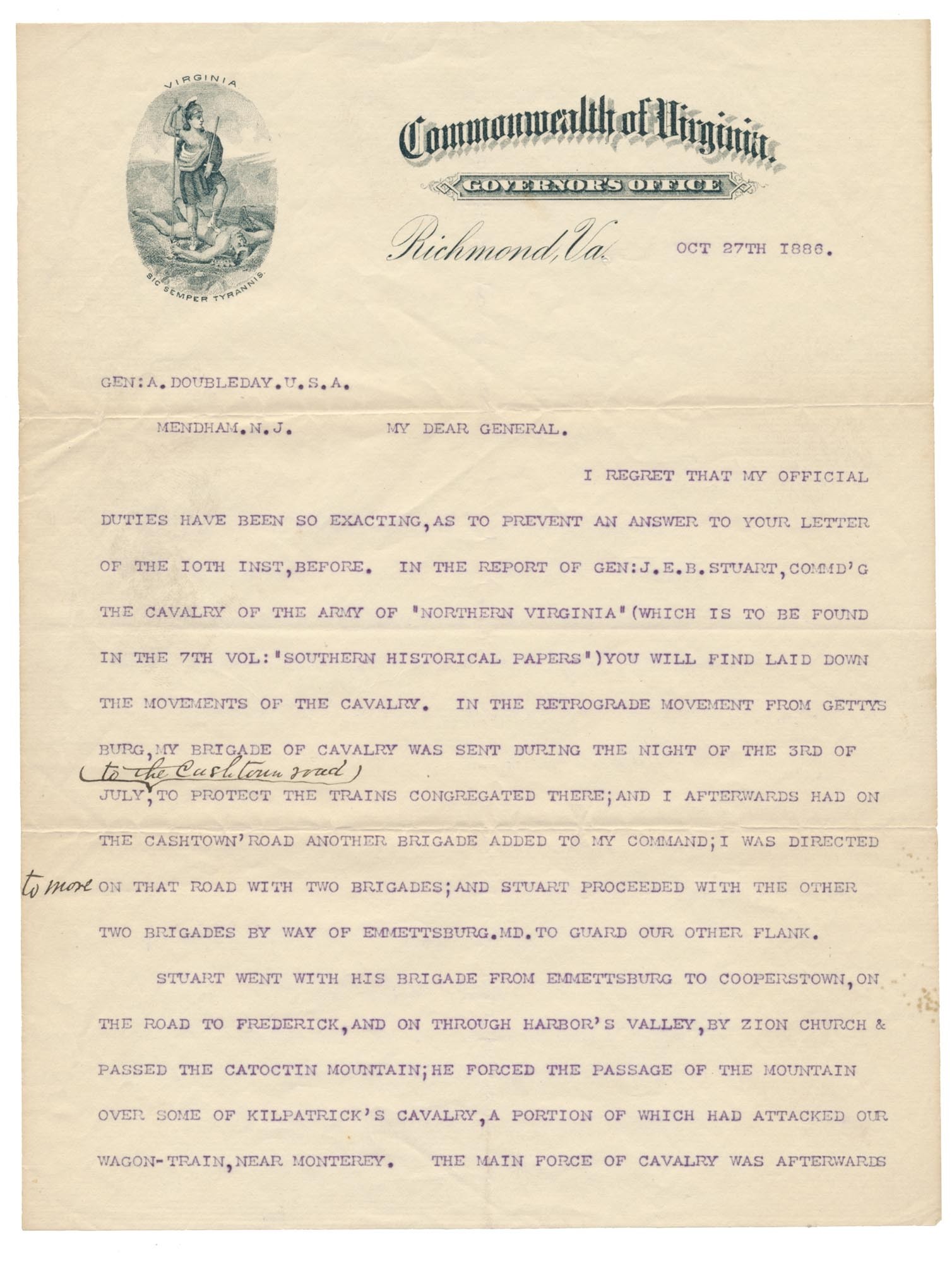SIGNED LETTER FROM FITZHUGH LEE TO ABNER DOUBLEDAY REGARDING GETTYSBURG