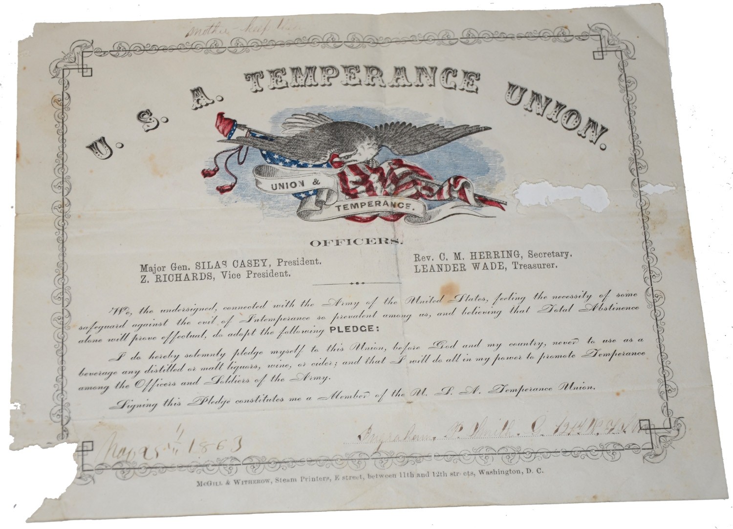 “MOTHER – KEEP THIS,” THE TEMPERANCE PLEDGE OF INGRAHAM SMITH, 121st NEW YORK“MOTHER – KEEP THIS,” THE TEMPERANCE PLEDGE OF INGRAHAM SMITH, 121st NEW YORK