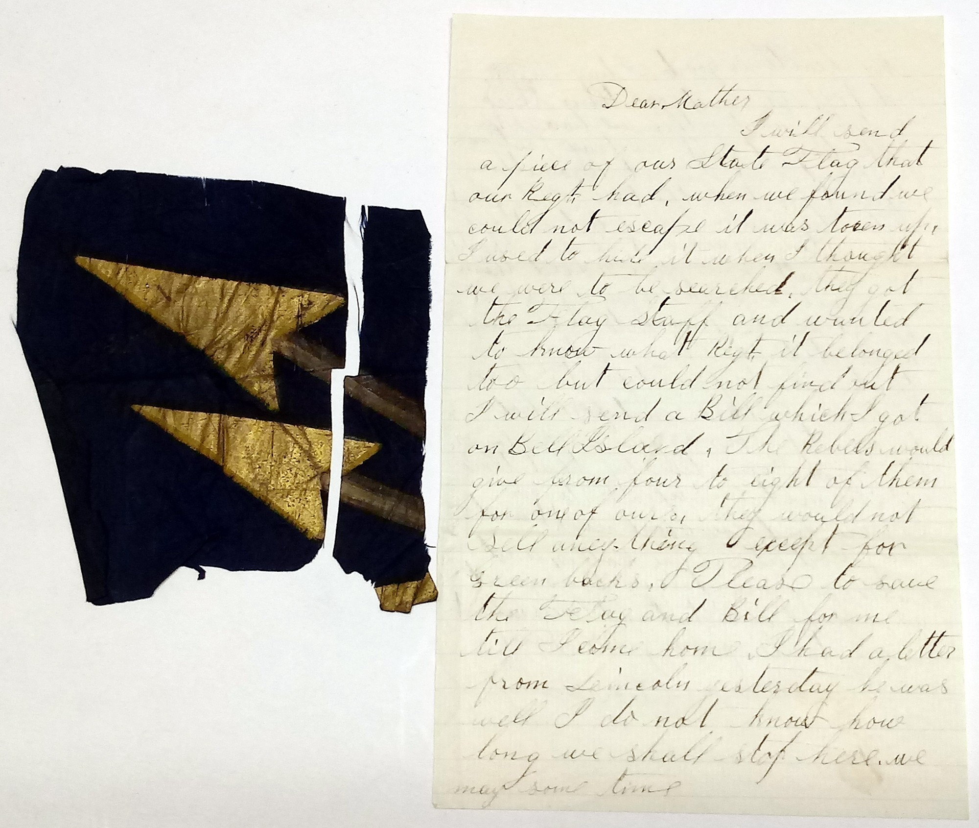 PIECE OF THE FLAG OF THE 16th MAINE TORN UP TO AVOID CAPTURE ON JULY 1, 1863, AT GETTYSBURG WITH LETTER FROM SERGT. DEARING SENDING IT HOME