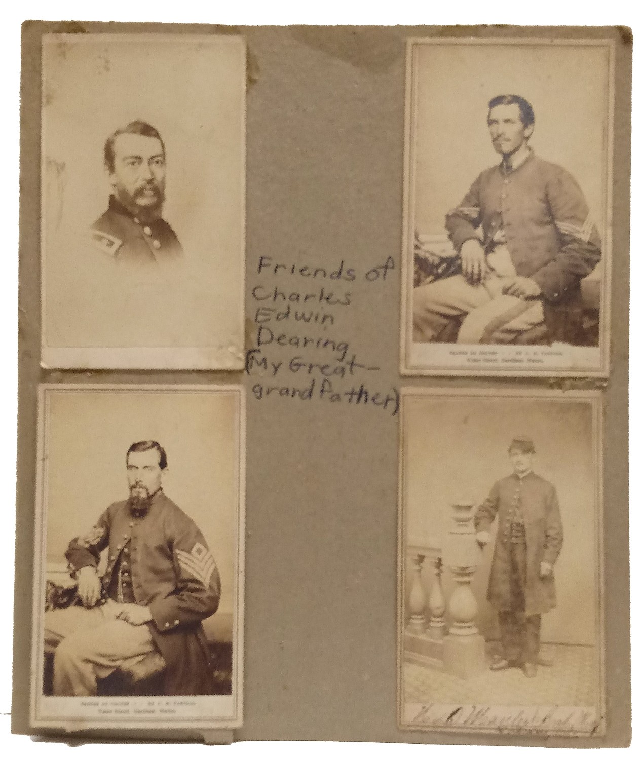 CHARLES E. DEARING 16th MAINE ALBUM PAGE: SERGT. MAJ. MANLEY, CAPTURED AT GETTYSBURG, AND TWO OTHERS, ONE PERHAPS DEARING HIMSELF 