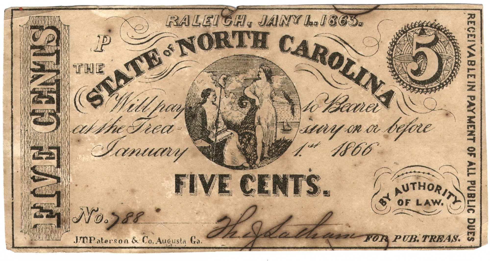 JANUARY 1, 1863 STATE OF NORTH CAROLINA 5 CENT BILL
