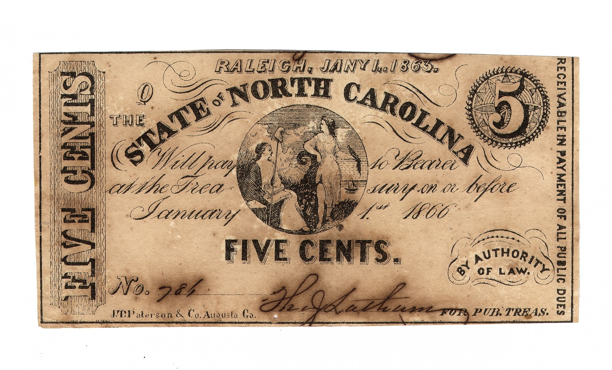 JANUARY 1, 1863 STATE OF NORTH CAROLINA 5 CENT NOTE