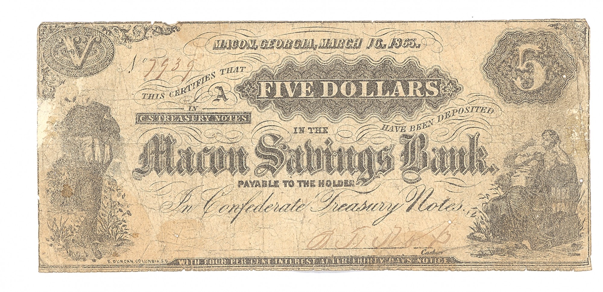 MACON SAVINGS BANK, MACON, GEORGIA $5 NOTE