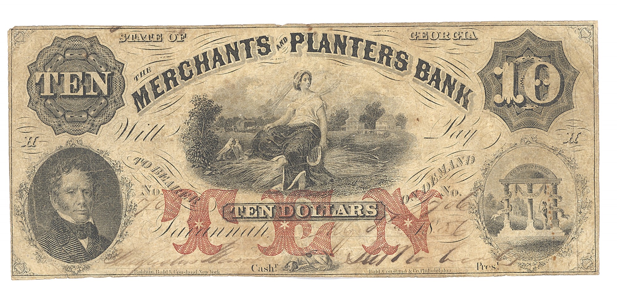 MERCHANTS AND PLANTERS BANK, SAVANNAH, GEORGIA, $10 NOTE