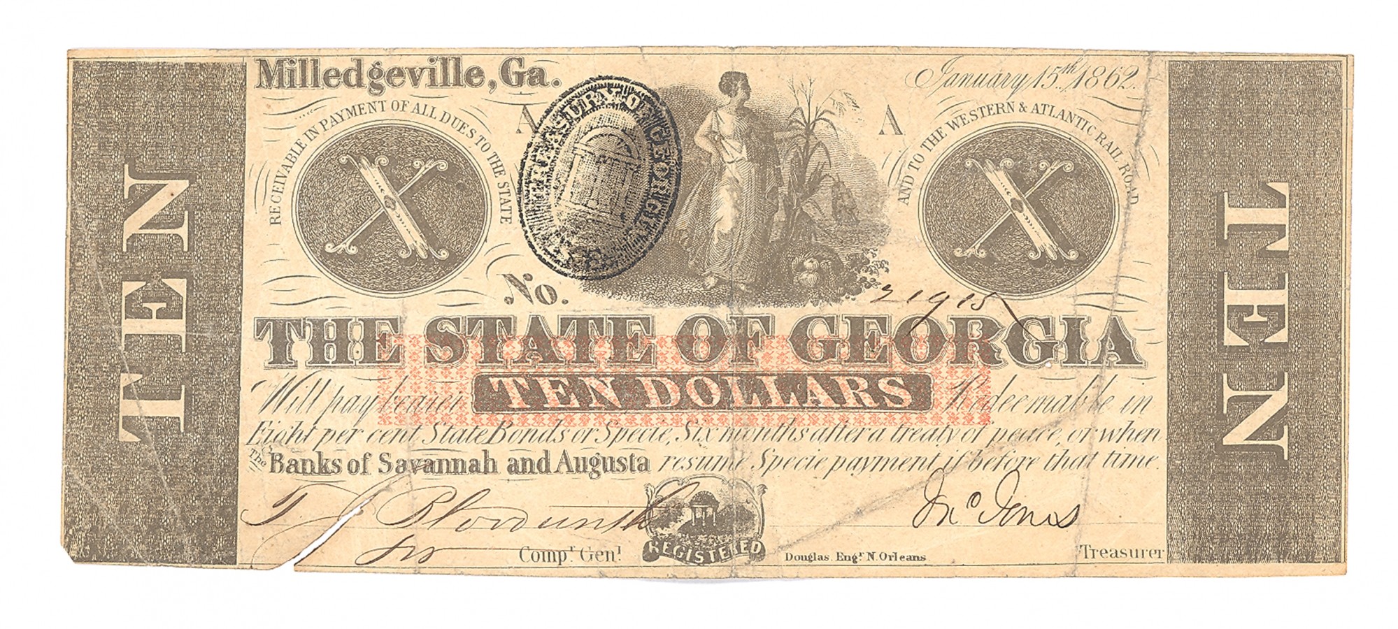 THE STATE OF GEORGIA $10 NOTE – MILLEDGEVILLE, GA