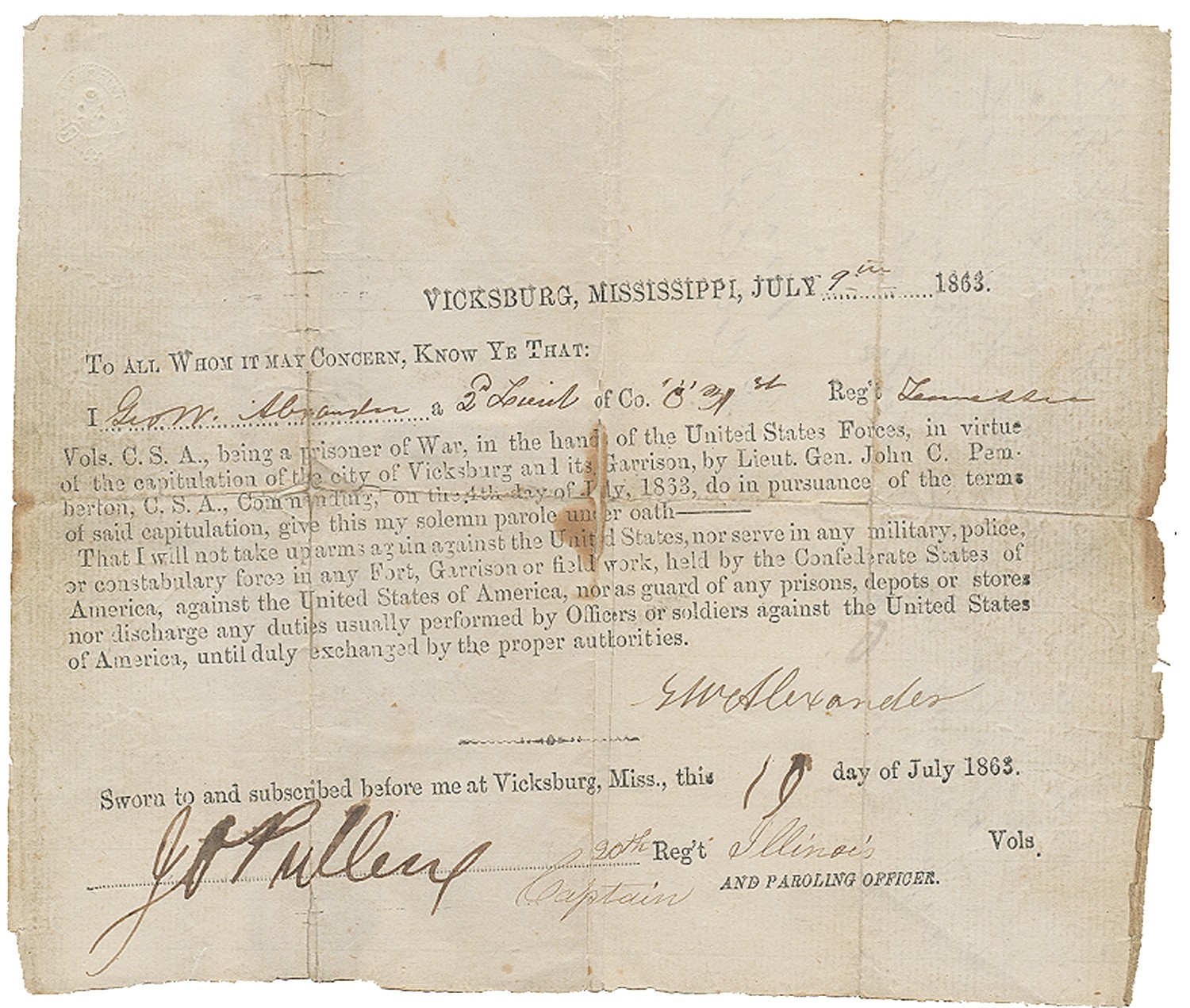 VICKSBURG PAROLE FOR 31ST TENNESSEE SOLDIER 