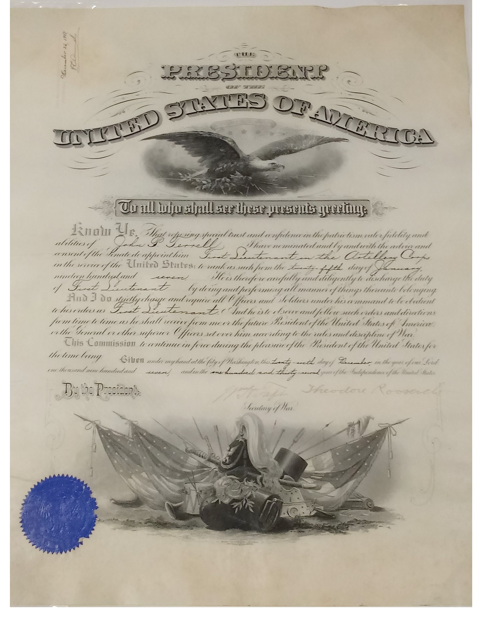 THEODORE ROOSEVELT AND HOWARD TAFT SIGNED COMMISSION FOR JOHN P. TERRELL, FIRST LT., US ARTILLERY (LATER COLONEL AND D.S.M.) DECEMBER 1907