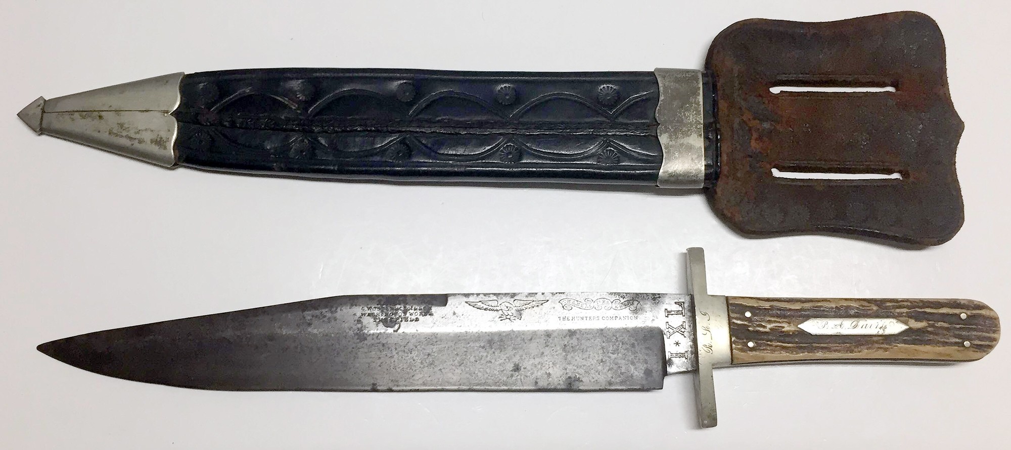 I*XL 1850s BOWIE KNIFE WITH LEATHER SHEATH, WITH PAIR OF OWNER ID’S