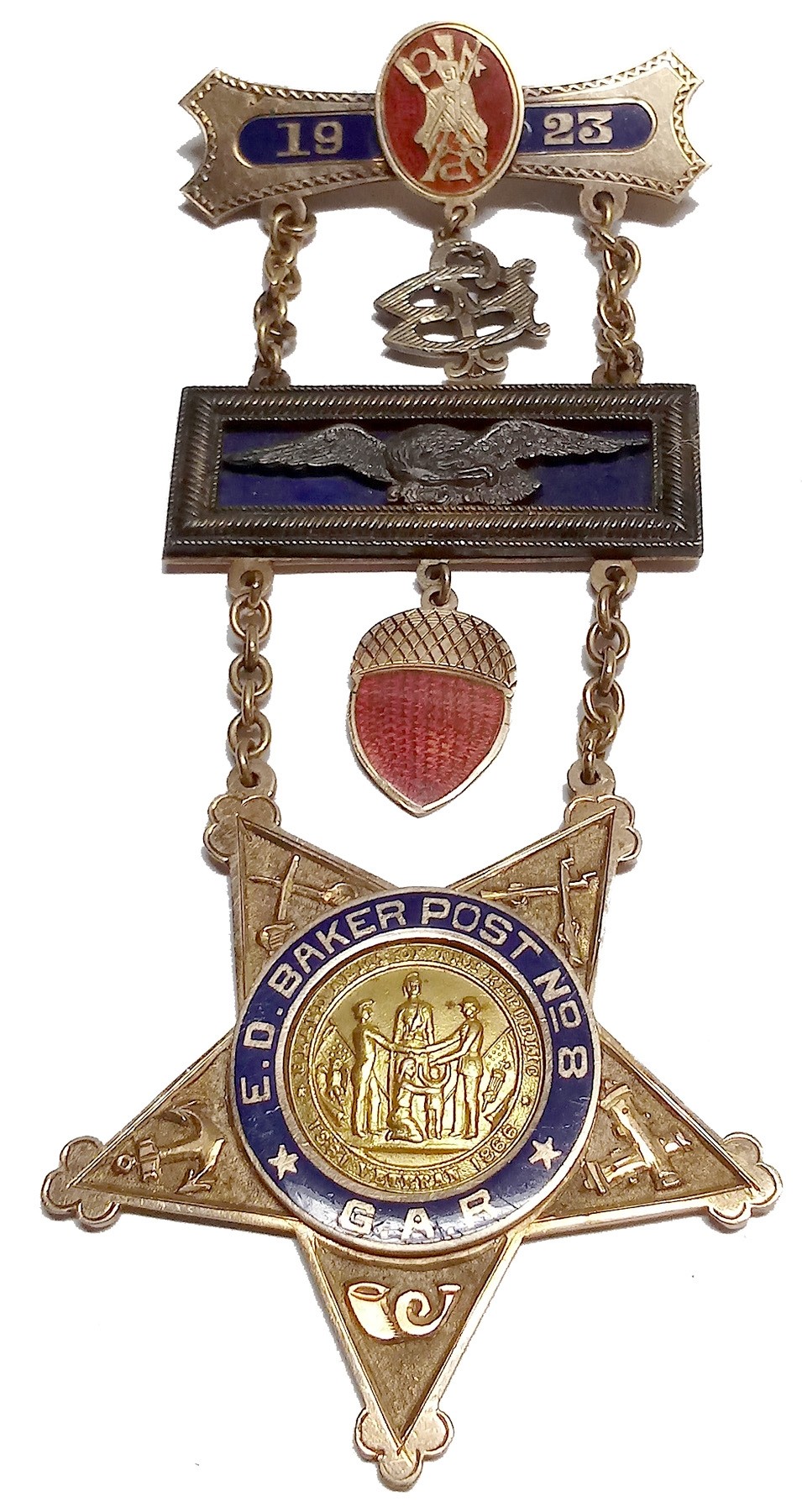 BEAUTIFUL GRAND ARMY OF THE REPUBLIC GOLD PRESENTATION BADGE OF JOHN BAYLIS, Jr., 15th PA CAVALRY, PAST POST COMMANDER