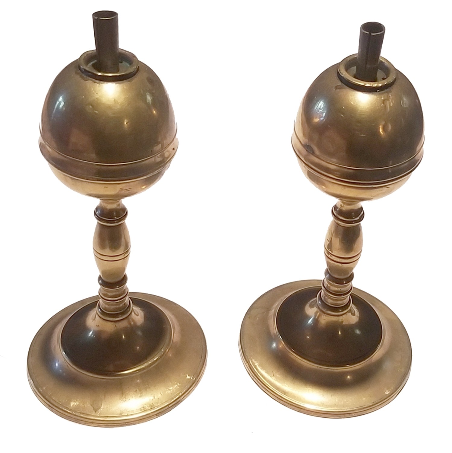 PAIR OF BRASS WHALE OIL LAMPS, CIRCA 1820