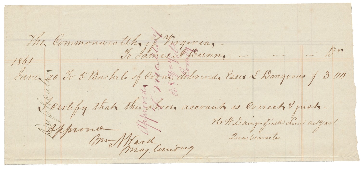 1861 RECEIPT FOR CORN DELIVERED TO THE “ESSEX LIGHT DRAGOONS” 55TH VIRGINIA INFANTRY