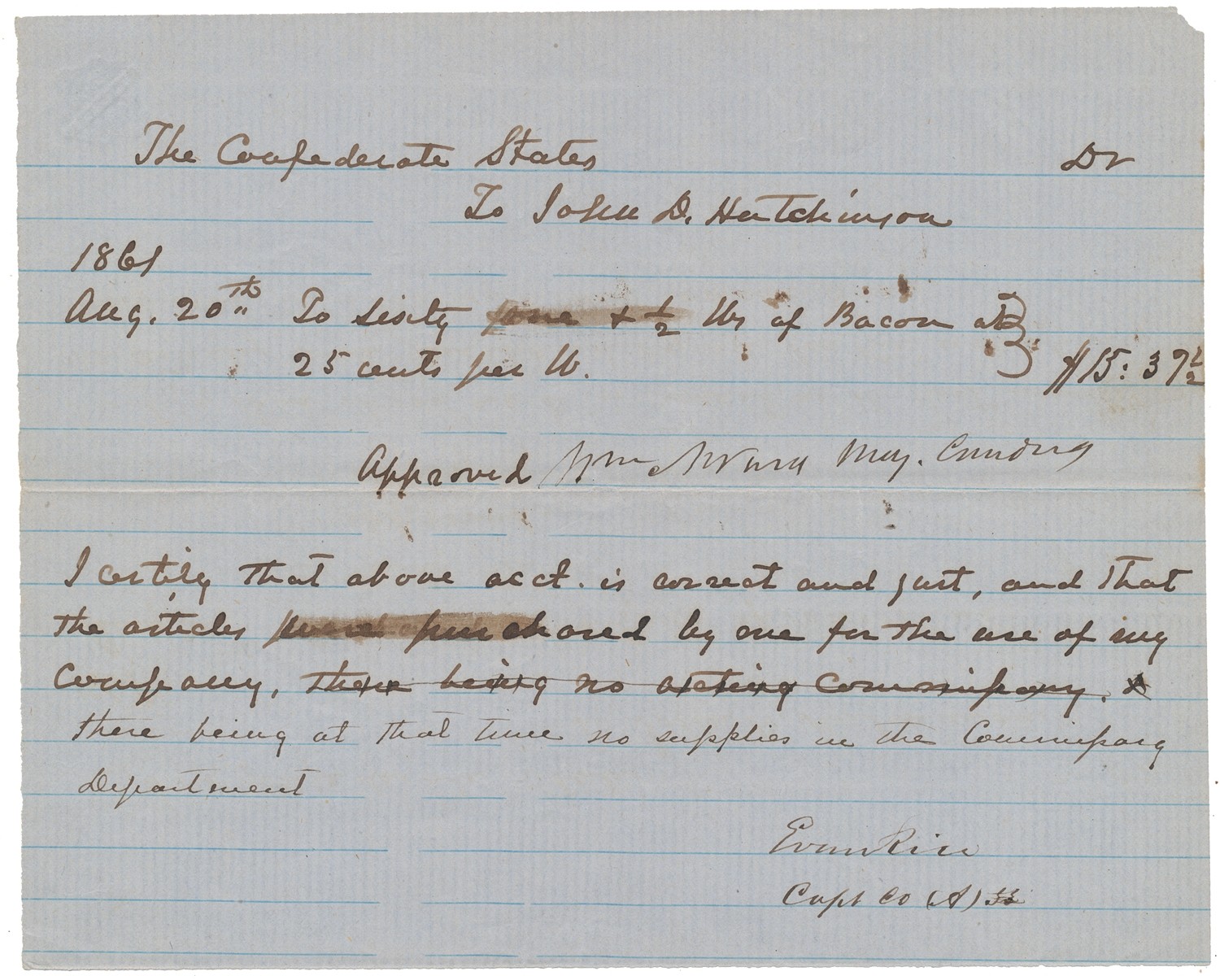 HANDWRITTEN CONFEDERATE REQUISITION FOR BACON – 55TH VIRGINIA